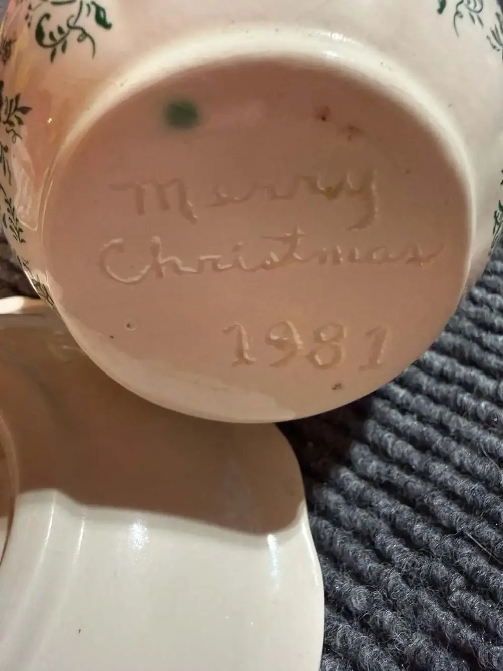 Vintage 1981 Ceramic Creamer Pitcher and Saucer Set with Green Floral Transferwa
